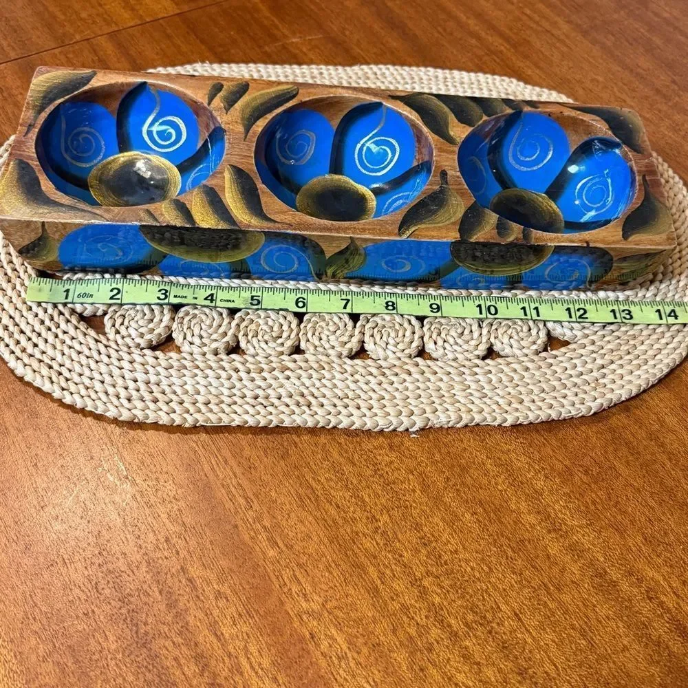Vintage Hand Painted Wooden Serving Condiment or Trinket Tray Gold Blue Black